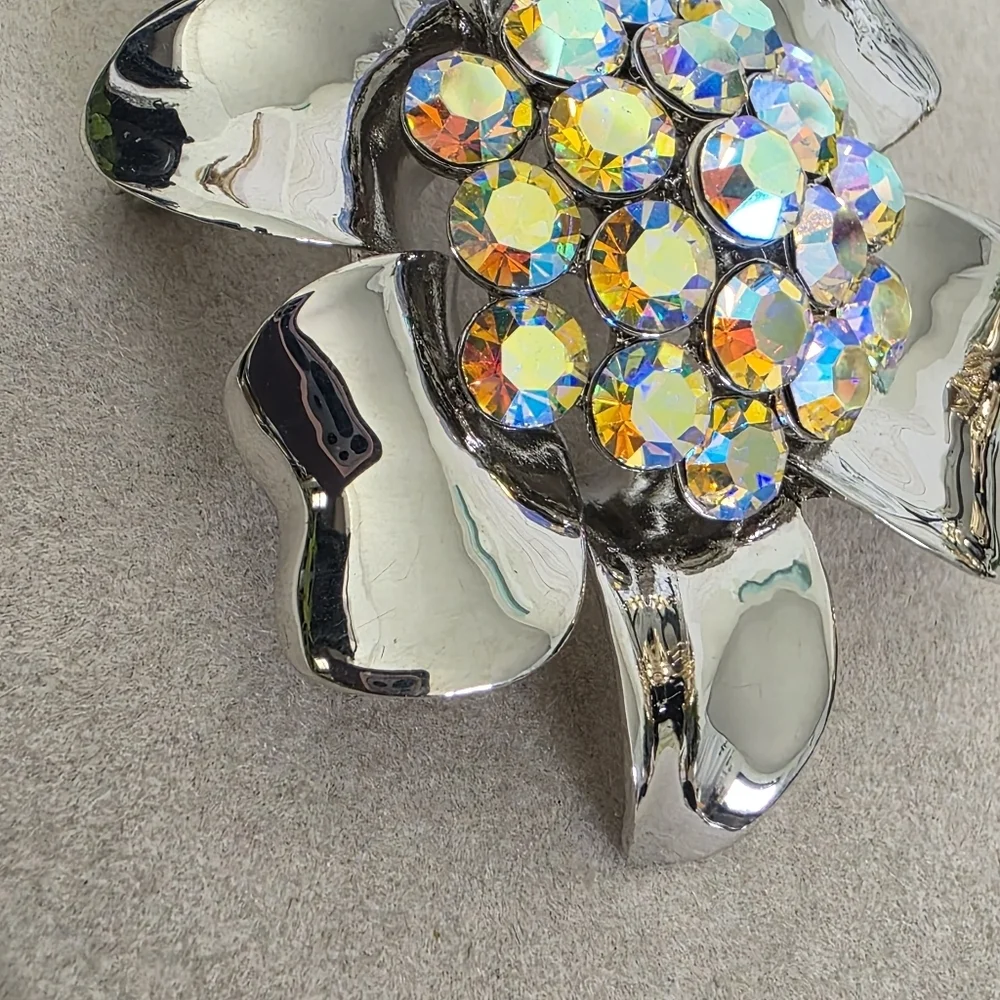 Silver Flower Brooch Pin with AB Crystal Stone Center